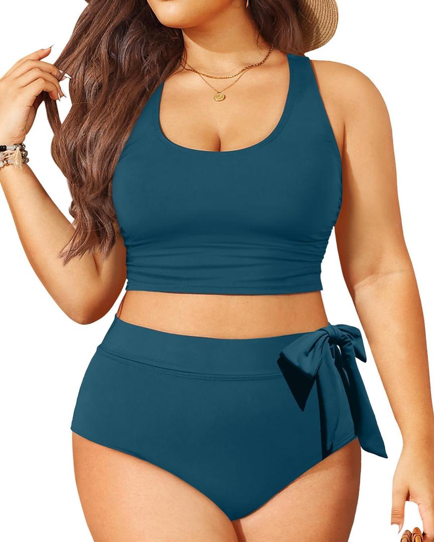 Tempt Me Plus Size Two Piece Swimsuits - Women High Waisted Bikini Scoop Neck Bathing Suit Swimwear Teal 12 Plus Tempt Me Plus Size Two Piece Swimsuits - Women High Waisted Bikini Scoop Neck Bathing Suit Swimwear Teal 12 Plus