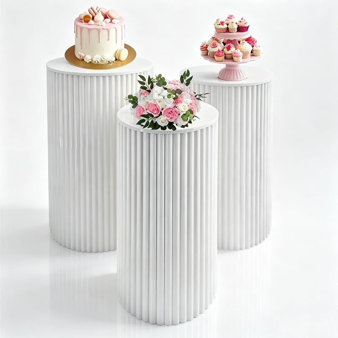 3Pcs White Metal Pleated Cylinder Pedestal Stand cake cylinder stands
Heavy Duty, Metal pillars for Party Dinner Wedding Birthday Decor 23.6''(L) 21.65"(M) 19.69"(S)