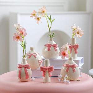 6 Pcs Pink Bow Vase Tiny Ceramic Bud Vase for Girl Coquette Home Decor Small Flower Vases Centerpieces Shelf Table for Living Room Wedding Baby Shower Decor