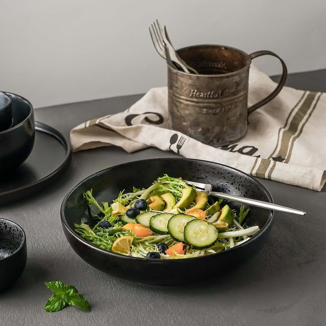 S&Q'S CERAMICS Large Pasta Bowls, 65 ounce Large Salad Bowls Set of 1, 10'' Ceramic Wide Shallow Bowl Plates, Large Serving Bowls for Fruit, Party Entertaining, Microwave Safe(Black and Grey)