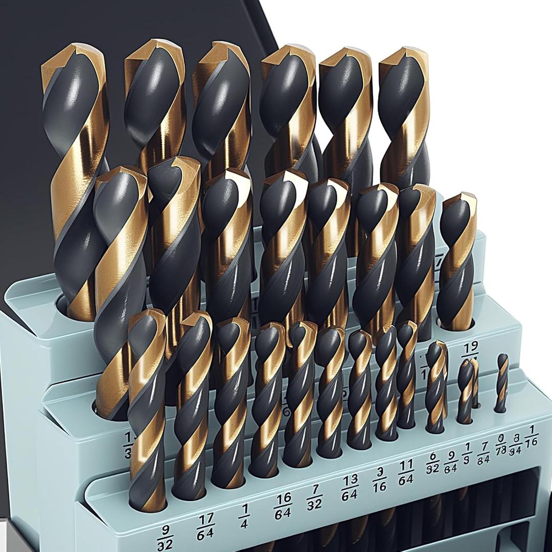 29Pcs Cobalt Drill Bit Set, 135 Degree Tip High Speed Steel with Black and Gold Finish, Stainless Steel, Plastic and Wood with Metal Indexed Storage Case 1/16"-1/2"