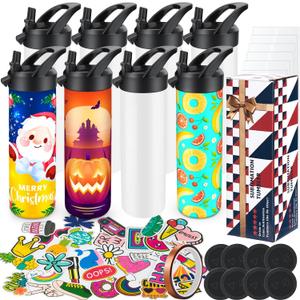 8 Pack 20oz Sublimation Tumbler Set Triple-Insulated Stainless Steel Sports Water Bottle with Straw Lid Blank Sublimation Cup with DIY Stickers, Shrink Wrap, Rubber Base, Heat Tape for Heat Transfer (White)