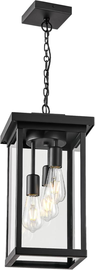 LOUSACE Large Outdoor Pendant Light Fixtures 3 Lights Black Outdoor Chandelier Ceiling Hanging Exterior Porch Light Fixtures, Exterior Hanging Lantern Light for Porch Entryway Balcony