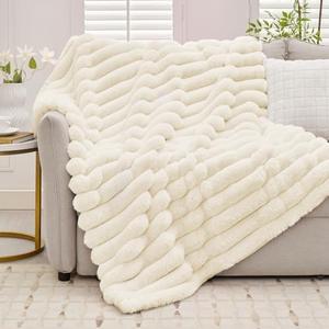 Tejoe Cozy Soft Faux Fur Blanket, Super Heavy Warm Fluffy Thick Throw for Couch & Bed Home Decor, Fuzzy & Plush Striped Blanket for Women, 60"x80", Beige