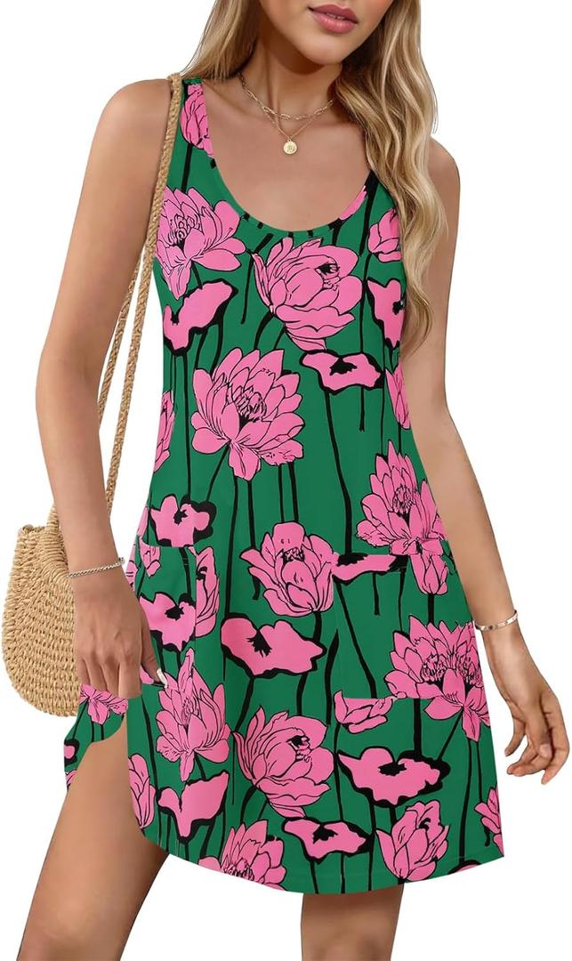 Wenrine Womens Summer Dresses Casual Floral V Neck Sleeveless Loose Boho Beach Tank Dress Sundress with Pockets (Small, Green)