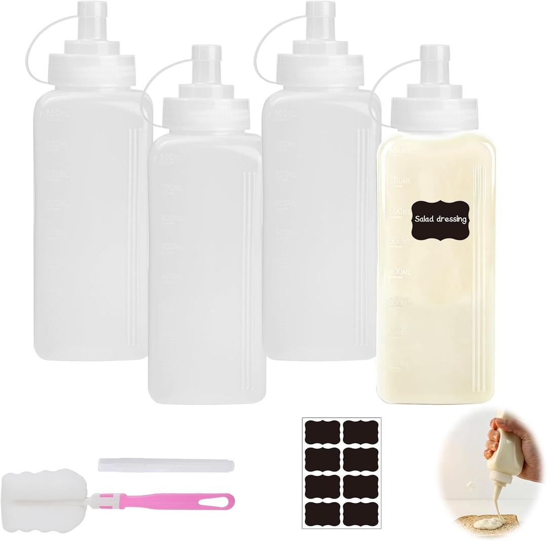 4 Pack Condiment Squeeze Bottles for Sauces, Plastic Wide Mouth Squirt Bottles with Cap Lids, Large Sauce Containers with Funnel, Brush&Labels for BBQ Salad Dressing Ketchup Crafts 27oz/800ML