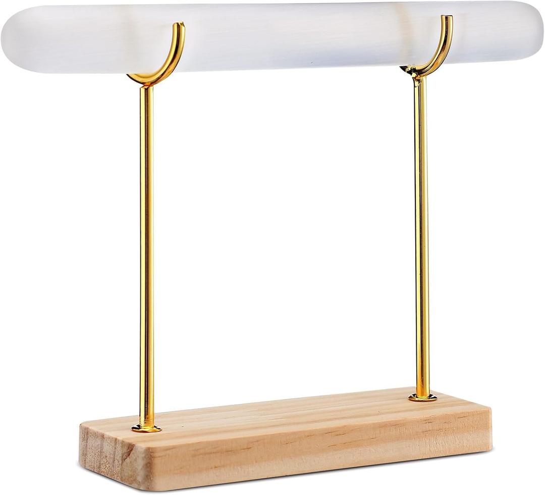 Selenite Bracelet Holder Display Stand Selenite Crystal Healing Goth Bracelet Display Stand Detachable Jewelry Wrap Watch Organizer Holder with Wooden Base for Bangles Charging Cleansing