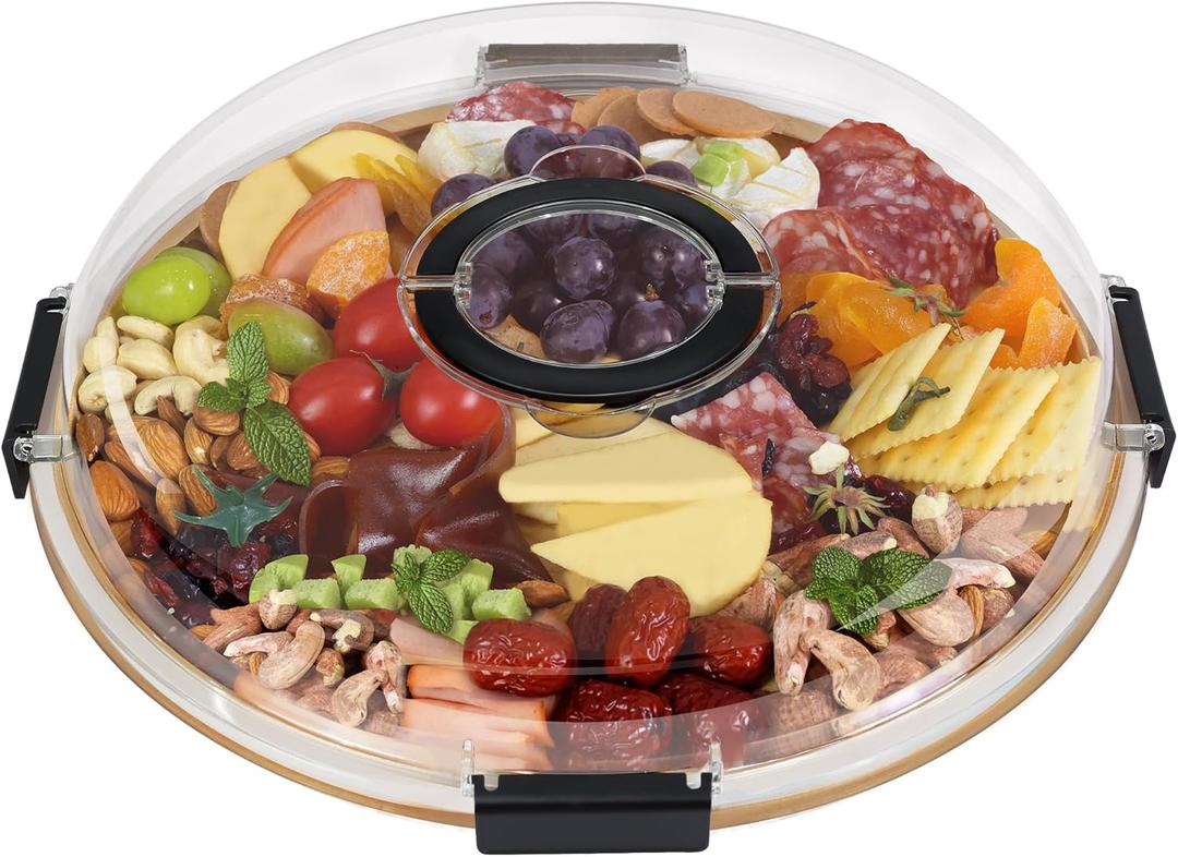 Round Charcuterie Board with Clear Lid, Travel Picnic Portable Cheese Board Charcuterie Boxes, Meat Fruit Serving Tray Platter, House Warming Gifts New Home, Gifts for Women (1 Compartment-round-black)