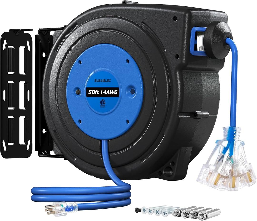 SURAIELEC 50FT Retractable Extension Cord Reel, 14AWG/3C SJTOW Heavy Duty Power Cord with Lighted Triple Tap, 13A Circuit Breaker, Ceiling/Wall Mount for Garage, Shop, Workshop, ETL Listed, Blue