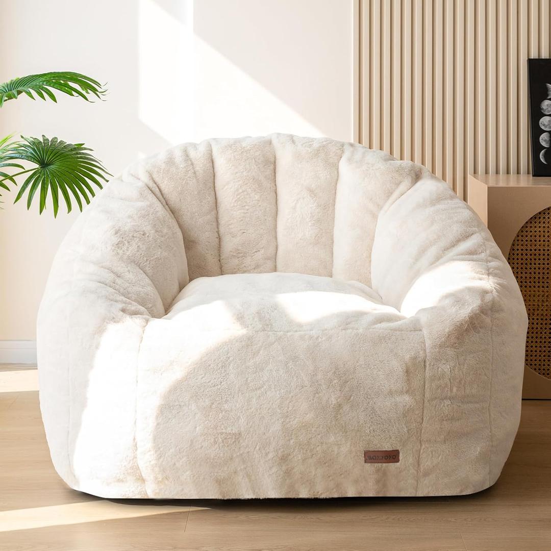 MAXYOYO Giant Bean Bag Chair, Oversized Bean Bag Couch for Adults and Kids, Faux Fur Shell-Shaped Large Chair with Filler, Stuffed Big Accent Sofa Lounge Floor Sofa for Gaming, Reading, Beige