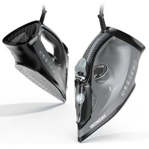 IRONDAY Steam Iron for Clothes, 1800W with 20.28oz Water Tank, Ceramic Soleplate, 3-Way Auto-Off, 20s Fast Heat-up, Burst of Steam, Precision Tip, Self-Clean, Anti-Calc, Vertical Steamer for All Fabrics