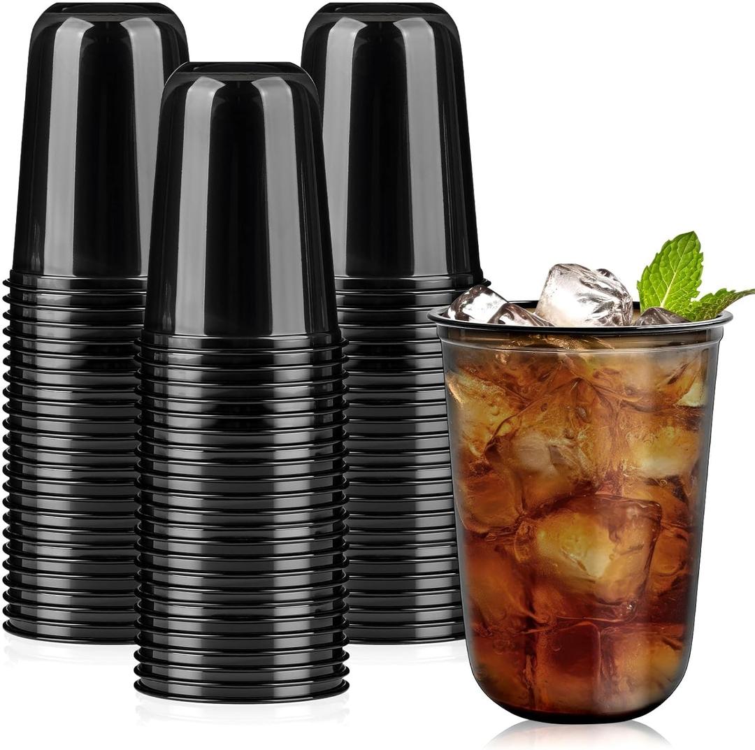 Jycnolm 50 Pcs Black Plastic Cups, 16 Oz Disposable Stemless Wine Glasses Cocktail Black Party Cups for Meeting Birthday Party Holiday Gatherings