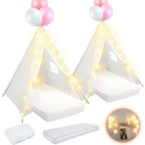 2 Pack Kids Teepee Tent with Mattress,Fitted Sheet,Light String,Washable Natural Cotton Toddler Play Tent for Girls Boys Indoor Outdoor Sleepover Slumber Birthday Party(White)