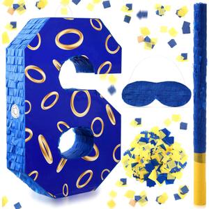 Simgoing Number 6 Blue and Golden Rings Piata for Kids Birthday Cartoon Theme Small Piata with Blindfold Stick Confetti for Fiesta Cinco De Mayo Party Decor, 15.8 x 11 x 2.8 Inch