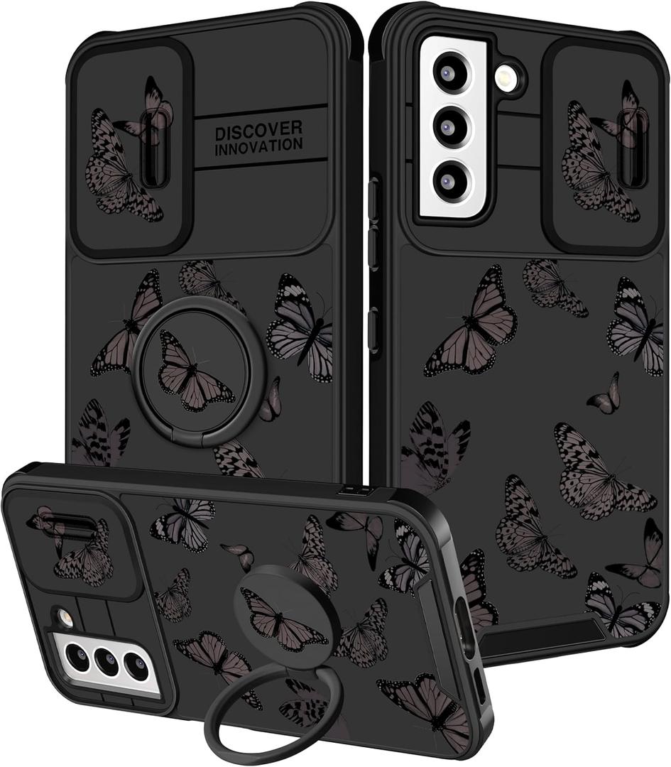 (2in1 for Samsung Galaxy S22 Case for Girls Women Cute Butterfly Cover Girly Aesthetic Black Pretty Fashion Design with Camera Cover and Ring Stand Funda for Galaxy S22 Phone Cases