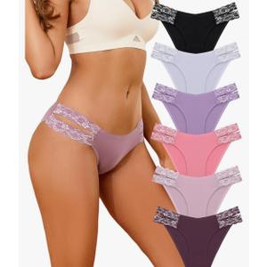 FINETOO Seamless Underwear for Women Cheeky Bikini Panties High Cut V-waist Lace Underwear Women Cute Bikinis 6 Pack, S