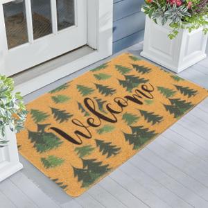 IZUS Green-Trees Christmas Welcome-Doormat for Spring-Winter Outdoor-Entrance-Decor Non-Slip Faux-Coir Frontdoor-Mats Porch Farmhouse Home Decor 17x29inch