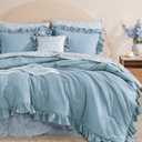 BLOOMHAVEN Full Comforter Set - 7 Pieces Ruffle Blue Bedding Sets, Shabby Chic Farmhouse Bed in a Bag Full with Ruffle Comforter, Floral Sheets, Pillowcases & Shams