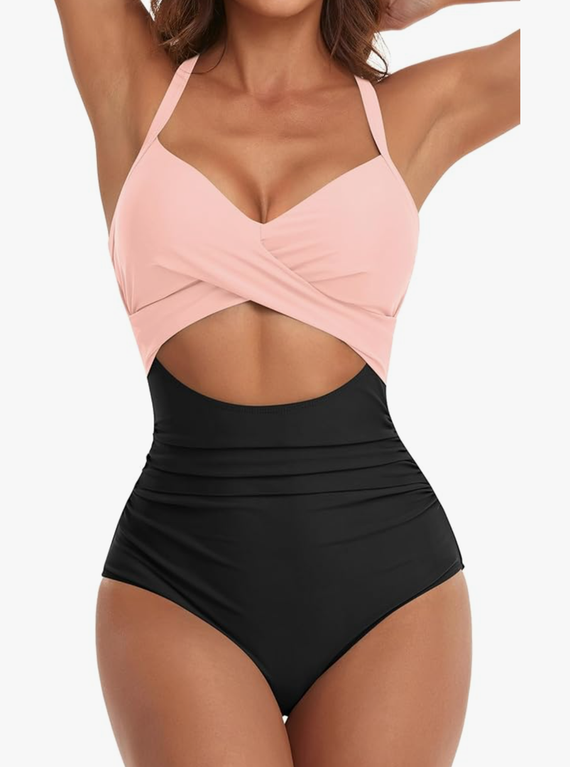 Eomenie Women's One Piece Swimsuits Tummy Control Cutout High Waisted Bathing Suit Wrap Tie Back 1 Piece Swimsuit M
