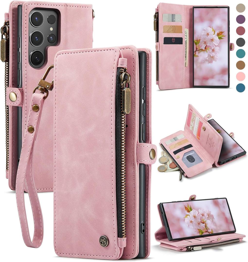 Defencase for Galaxy S25 Ultra Case Wallet with RFID Blocking Card Holder for Women Men, PU Leather Magnetic Snap Flip Wristlet Strap Zipper Wallet Phone Cases for Samsung Galaxy S25 Ultra 6.9", Pink (Airy Rose Pink)