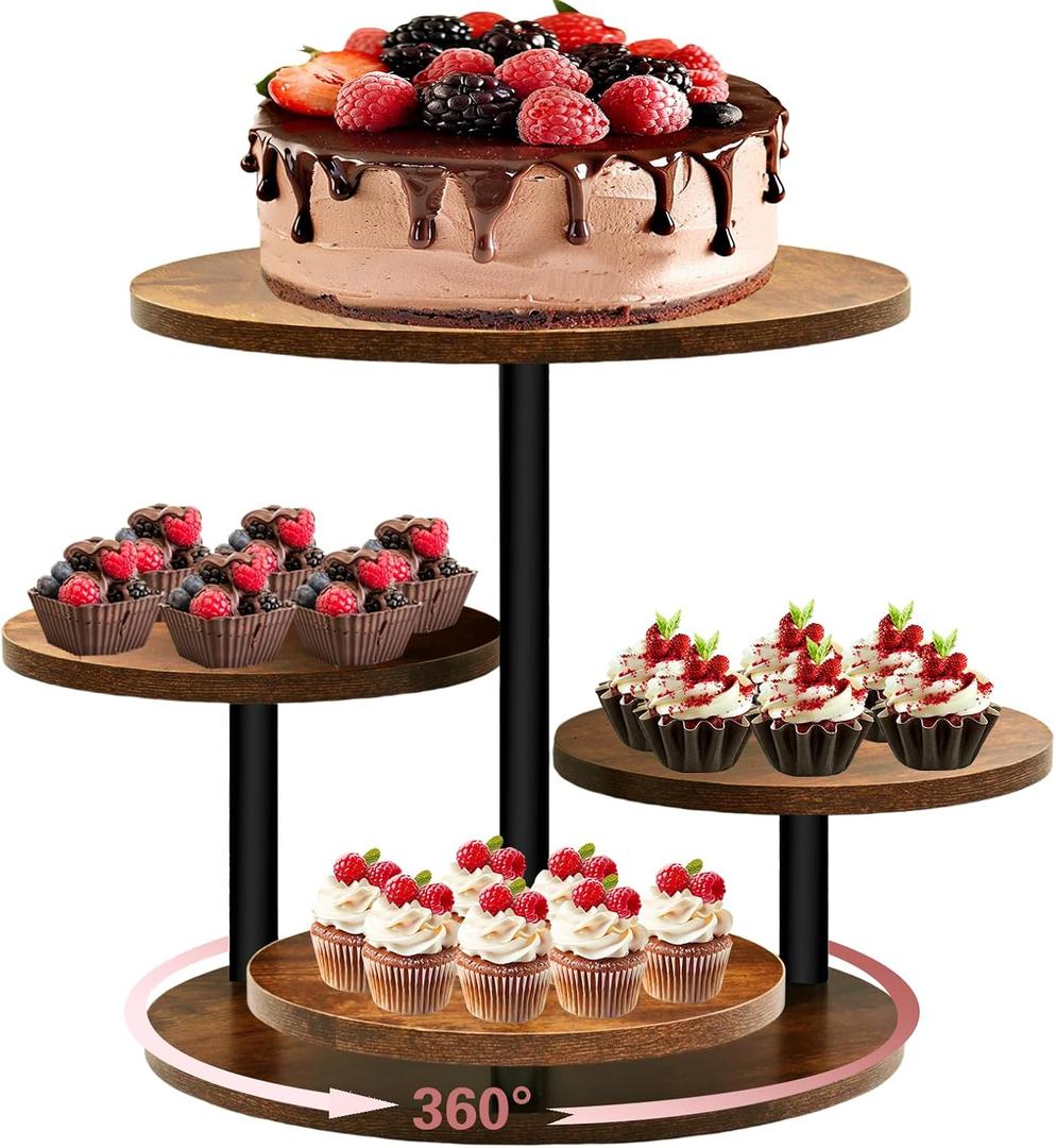 4 Tier Cupcake Tower Stands for 50 Cupcakes,360 Rotatable Round Cup Cake Stand with Tiered Tray,Farmhouse Wooden Dessert Table Display Stands for Wedding Birthday Baby Shower Tea Party