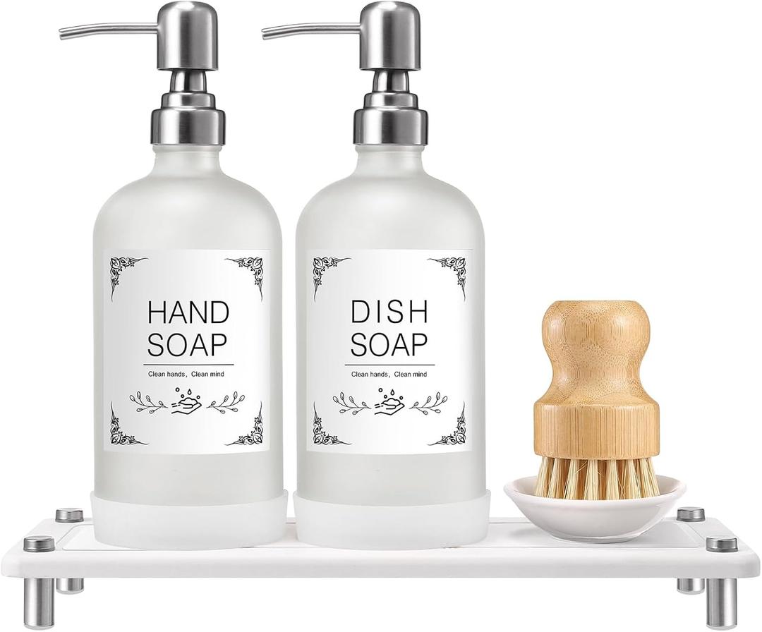 Dish Soap Dispenser Set for Kitchen 16oz Glass Bottle with Stainless Steel Pump, Instant Dry Tray, Perfect for Kitchen Decor and Bathroom Accessories, Womens Gifts for Christmas