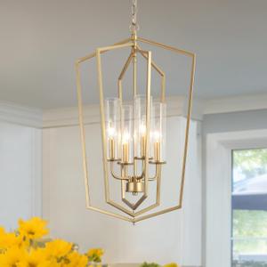 KSANA Gold Chandeliers, Geometric Lantern Pendant Chandelier with Seeded Glass, Modern 4 Light Chandelier Light Fixture for Kitchen Island, Entryway, Foyer