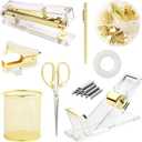 Gold Desk Accessories, Office Supplies Set with Acrylic Stapler, Tape Dispenser, Staple Remover, Pen Holder, Scissor, Binder Paper Clips, 1 Ballpoint Pen, 1 Clear Tape and 1000pcs Staples
