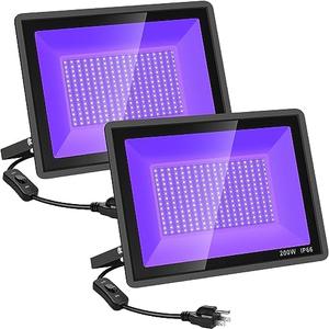YANYCN 200W 2 Pack LED Black Light, Halloween Outdoor Blacklight Flood With Plug and Switch, IP66 Waterproof for Glow in The Dark, Party, Body Paint, Florescent, Aquarium