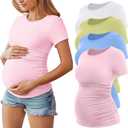 Huukeay 4 Pack Women's Maternity Shirts, Crew Neck Maternity Top Short Sleeve Casual Cotton Tee Side Ruched Pregnancy Clothes (Large, Pink, Light Blue, Grass Green, White)