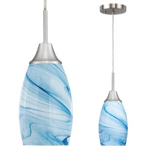 Mini Glass Pendant Light with Handblown Blue Marble Art Glass Shade Adjustable Cord Modern Oval Lamp Ceiling Pendant Light Fixture for Dining Room, kitchen, Foyer, Hallway, Brushed Nickel Finish 3 Pack