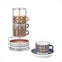 vancasso 2.5 Oz Stackable Espresso Cups with Saucers and Metal Stand Set of 4,Bohemian Ceramic Cappuccino Cups - Microwave and Dishwasher Safe, Perfect For Tea, Espresso, Latte, Cafe-01