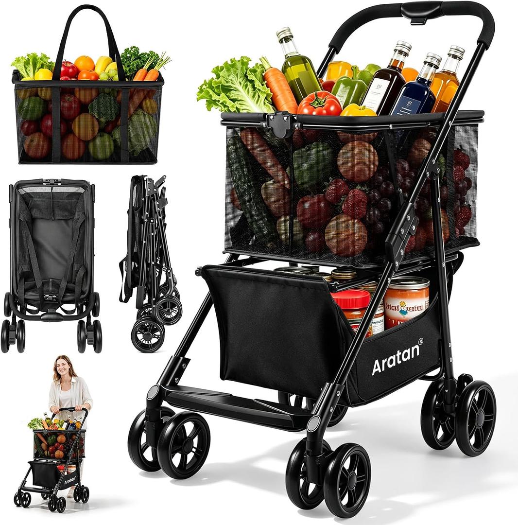 Folding Shopping Cart with Wheels, 2-Tier Portable Grocery Cart