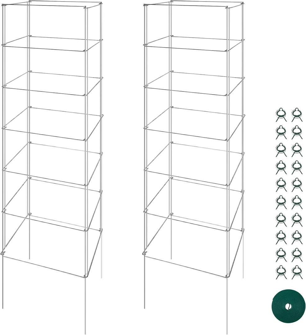 Metal Foldable Tomato Cages 2 Pack, 13" W x 56" H Square Tomato Cages Plant Support for Vegetable Garden, Heavy Duty Tall Tomato Cages for Beans, Tomatos, Cucumbers