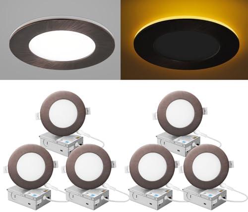 ZYC Recessed Lighting 4 Inch - 9W 800LM LED Recessed Ceiling Light with Night Light,2700K/3000K/3500K/4000K/5000K Selectable Ultra-Thin Lighting, Dimmable Canless Wafer Downlight, Pack of 6, (Bronze)