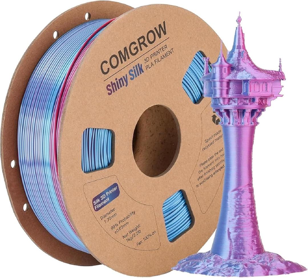 Comgrow Silk PLA 3D Printer Filament, Dual Color 2 in 1 Blue and Rose Red, 3D Printing PLA Filament 1.75mm, Dimensional Accuracy +/- 0.02 mm, 1KG Spool, Coextrusion Shiny Silk 3D Filament