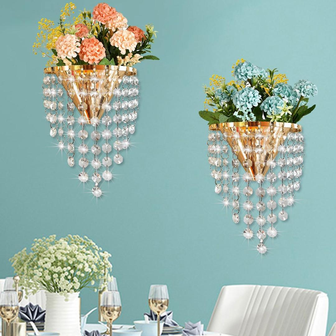 2 Pack Metal Flower Vase for Wall Crystal Vase Decor Hanging Decoration Floral Holder for Home Office Living Room Bedroom Bathroom (Gold)