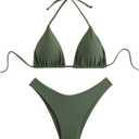 GORGLITTER Women's High Waisted Thong Bikini Set Halter Triangle Tie Back Swimsuit Bathing Suit (Army Green)
