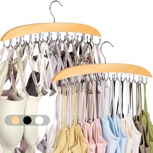 2 Pack Bra Hangers for Closet Organizer, Bra Organizer with 40 Stainless Steel Hooks, Wooden Tank Top Hanger, Closet Organizers and Storage for Bras Camis Belts Ties, Natural