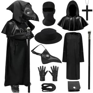Plague Doctor Costume Black Cloak Robe with Bird Mask Leather Hood Scary Halloween Cosplay Dress up (140)