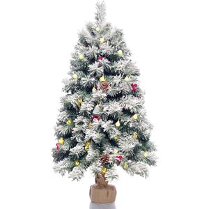 Pre-Lit Artificial Christmas Tree 3ft,Snow Flocked Xmas Pine Tree Decorated with 70 LED Lights,140 Branch Tips,7 Pine Cones,10 Red Berries Christmas Snow Tree for Desktop,Battery Powered (White, Green)