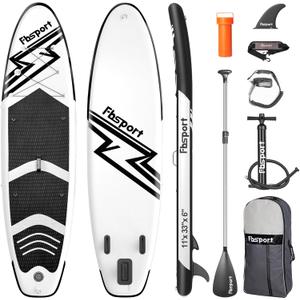 FBSPORT 11' Premium Stand Up Paddle Board, Yoga Board with Durable SUP Accessories & Carry Bag | Wide Stance, Surf Control, Non-Slip Deck, Leash, Paddle and Pump for Youth & Adult (White Black)