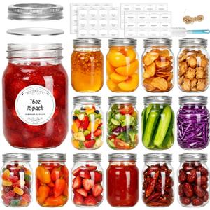 Glass Mason Jars 16 oz with Lids - 15 Pack Regular Mouth Canning Jars,Clear Glass Jars for Food Storage, Canning, Pickling, Dry Goods, Snacks, Candies, and DIY Projects