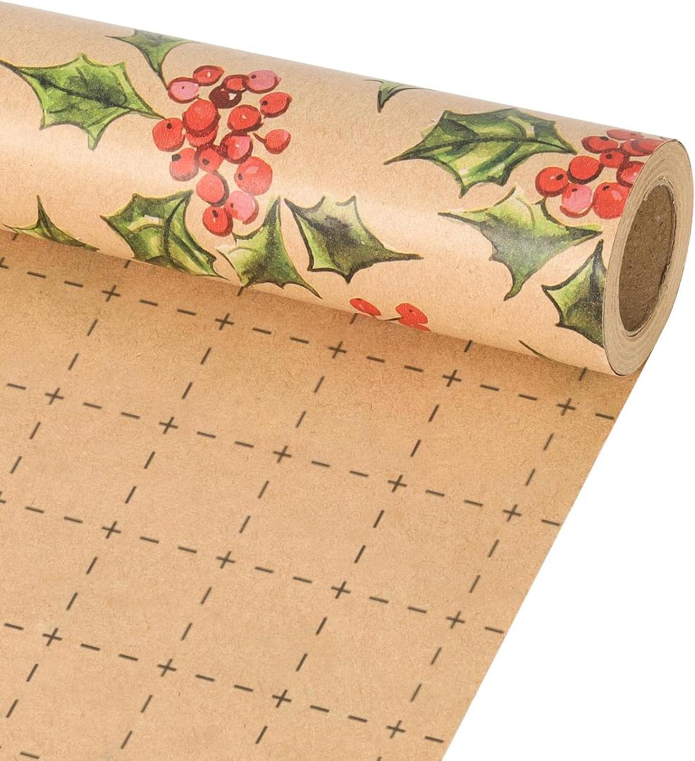 LaRibbons Kraft Christmas Wrapping Paper Mini Roll, Holly Leaves and Red Berries Pattern, for Classic Christmas, Winter Holiday Gift Wrapping, 17" x 33' (46.7 sq. ft)