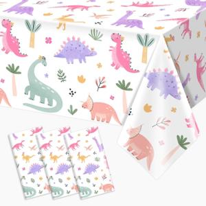 3pcs Pink Dinosaur Birthday Tablecloths 108x54inch Watercolor Dinosaur Birthday Decorations for Girls Dino Birthday Party Disposable Table Covers