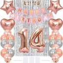 14th Birthday Decoration Happy Birthday Banner Flag 14 Year Old Birthday Party Supplies Tinsel Curtain Number 14 Balloon Confetti Latex Helium Balloon Star Heart Foil Balloon, Rose Gold