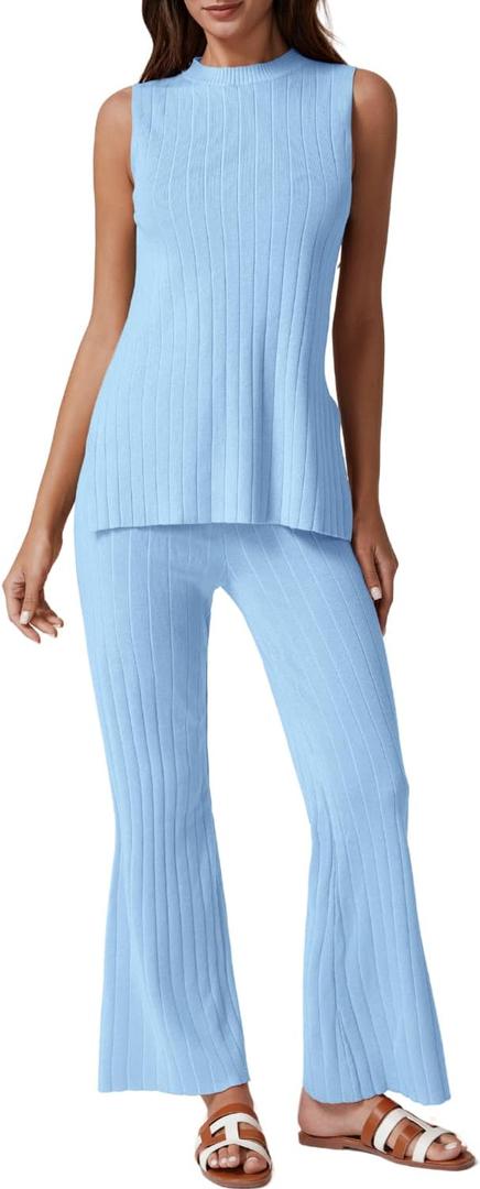 QINSEN Lounge Sets for Women Two Piece Outfits Knit Sleeveless Vented Hemline Tops Wide Leg Pants Sweater Sets (Small, Light Blue)