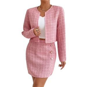 Floerns Women's 2 Piece Outfits Plaid Tweed Blazer Long Sleeve Jacket and Skirt Set M