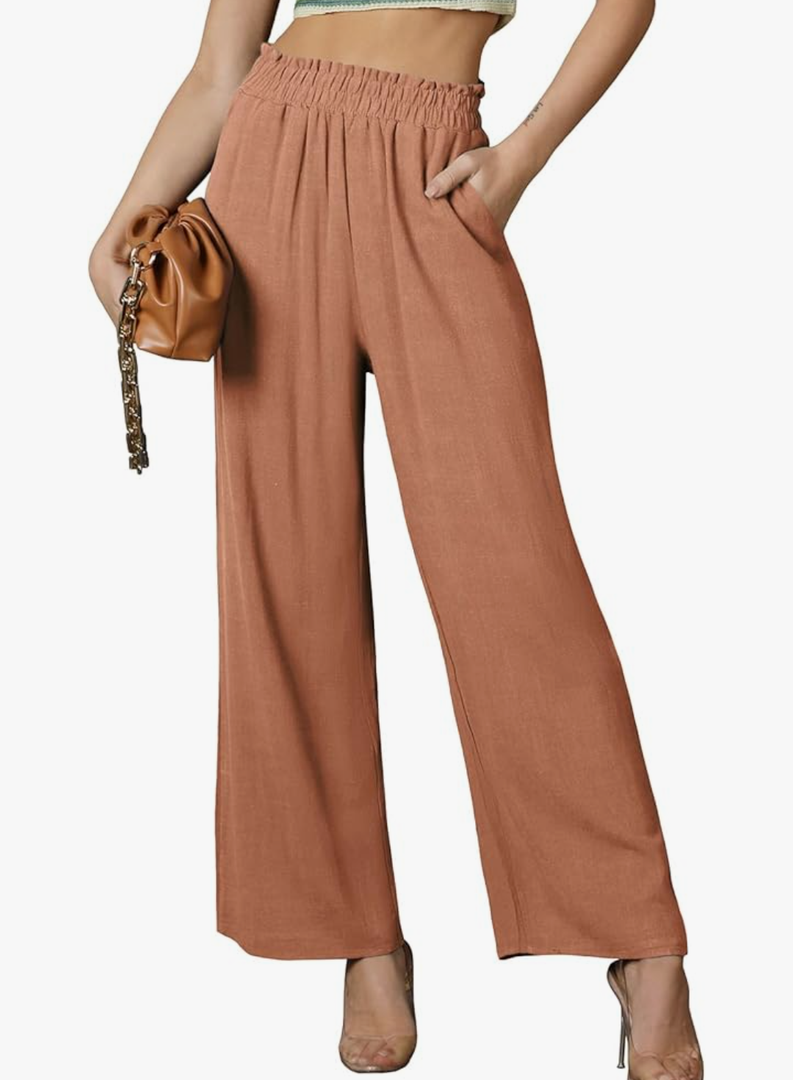 DOUBLJU Women Linen Pants Casual Loose High Waist Boho Wide Leg Cropped Palazzo Beach Pants Summer Outfits for wonen 2024. Size M