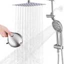 12" x 8" Rectangle High Pressure Rainfall Shower Head with Handheld Combo, 9 Setting Handheld Shower Head, Adjustable Height Shower Extension Arm and Slide Bar for Easy Reach - Brushed Nickel